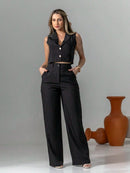 Vendedor Indicadoconjunto de colete e calça pantalona de alfaiataria listrada C3095