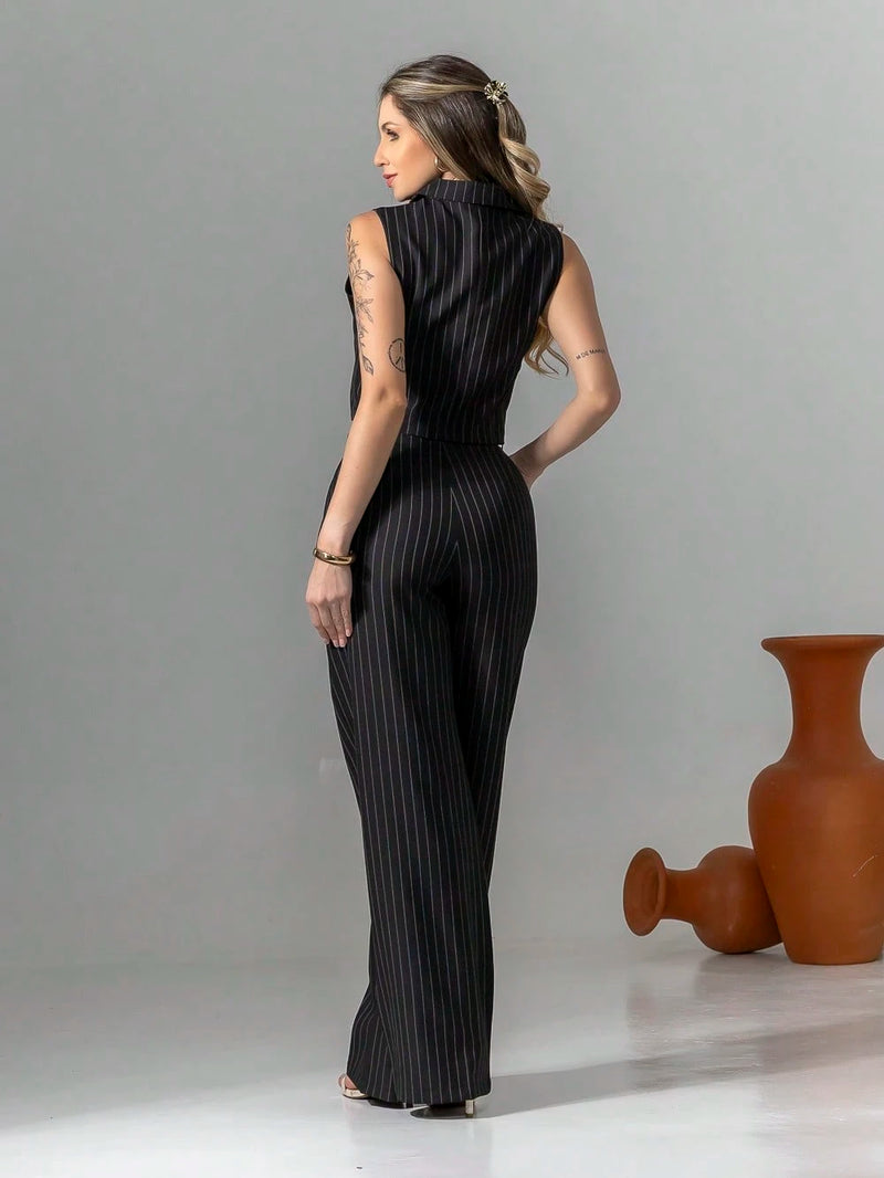 Vendedor Indicadoconjunto de colete e calça pantalona de alfaiataria listrada C3095