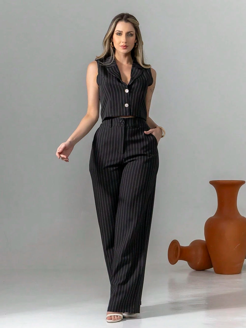 Vendedor Indicadoconjunto de colete e calça pantalona de alfaiataria listrada C3095