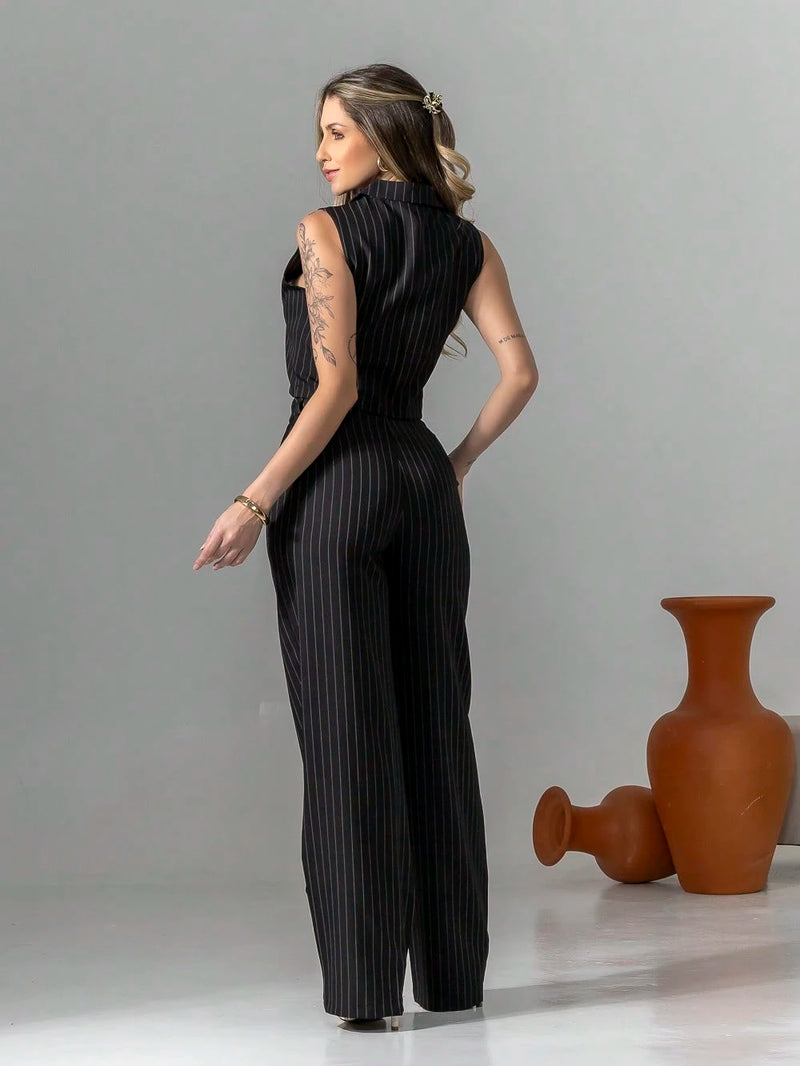 Vendedor Indicadoconjunto de colete e calça pantalona de alfaiataria listrada C3095