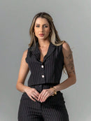 Vendedor Indicadoconjunto de colete e calça pantalona de alfaiataria listrada C3095