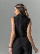 Vendedor Indicadoconjunto de colete e calça pantalona de alfaiataria listrada C3095