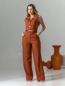 Vendedor Indicadoconjunto de colete e calça pantalona de alfaiataria listrada C3095