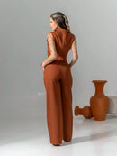 Vendedor Indicadoconjunto de colete e calça pantalona de alfaiataria listrada C3095