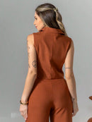 Vendedor Indicadoconjunto de colete e calça pantalona de alfaiataria listrada C3095