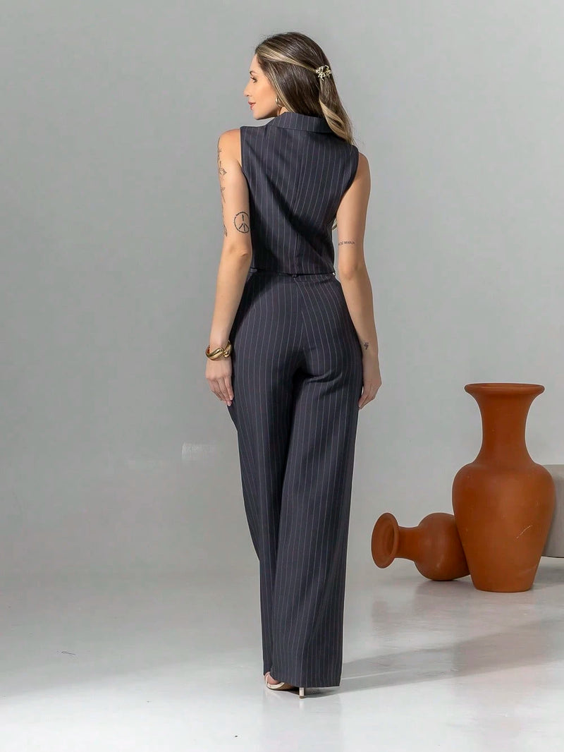 Vendedor Indicadoconjunto de colete e calça pantalona de alfaiataria listrada C3095