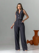 Vendedor Indicadoconjunto de colete e calça pantalona de alfaiataria listrada C3095