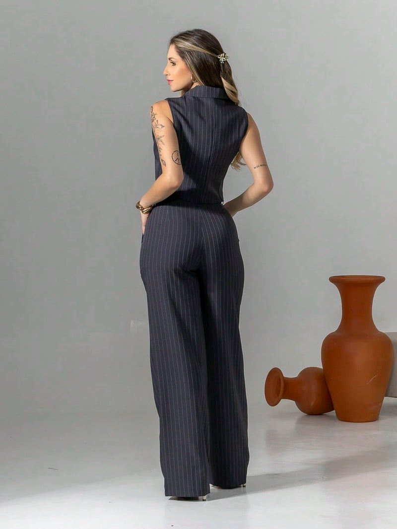 Vendedor Indicadoconjunto de colete e calça pantalona de alfaiataria listrada C3095