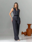 Vendedor Indicadoconjunto de colete e calça pantalona de alfaiataria listrada C3095