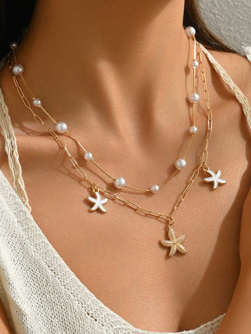 2 Peças/Conjunto Colar Gargantilha Elegante de Verão com Pérolas Falsas, Colar Pendente Irregular de Estrela do Mar de Liga Estilizada com Pérolas Falsas, Joia Feminina para Uso Diário, Viagem, Festival de Música, Festa
