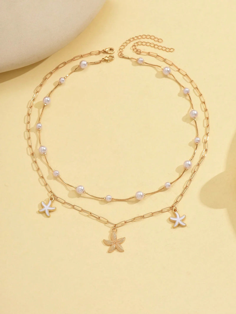 2 Peças/Conjunto Colar Gargantilha Elegante de Verão com Pérolas Falsas, Colar Pendente Irregular de Estrela do Mar de Liga Estilizada com Pérolas Falsas, Joia Feminina para Uso Diário, Viagem, Festival de Música, Festa