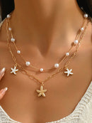2 Peças/Conjunto Colar Gargantilha Elegante de Verão com Pérolas Falsas, Colar Pendente Irregular de Estrela do Mar de Liga Estilizada com Pérolas Falsas, Joia Feminina para Uso Diário, Viagem, Festival de Música, Festa