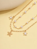 2 Peças/Conjunto Colar Gargantilha Elegante de Verão com Pérolas Falsas, Colar Pendente Irregular de Estrela do Mar de Liga Estilizada com Pérolas Falsas, Joia Feminina para Uso Diário, Viagem, Festival de Música, Festa