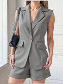 Vendedor IndicadoBeira fashion Conjunto feminina Colete sem manga e Shorts com bolso simples liso Alfaiataria Marrom