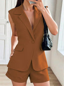 Vendedor IndicadoBeira fashion Conjunto feminina Colete sem manga e Shorts com bolso simples liso Alfaiataria Marrom