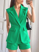 Vendedor IndicadoBeira fashion Conjunto feminina Colete sem manga e Shorts com bolso simples liso Alfaiataria Marrom