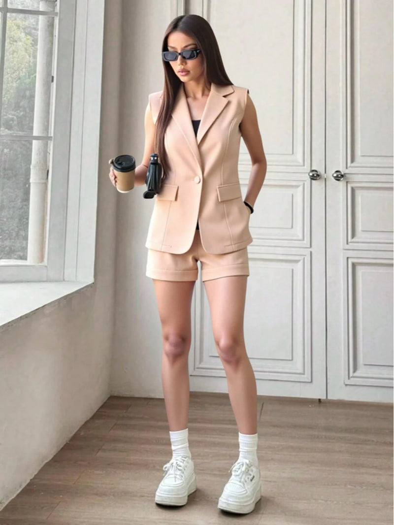 Vendedor IndicadoBeira fashion Conjunto feminina Colete sem manga e Shorts com bolso simples liso Alfaiataria Marrom