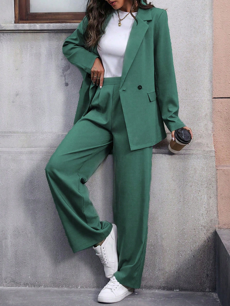 Calvaya Terno de Blazer e Calça de Cor Sólida de Manga Longa de Dupla Altura para Mulheres