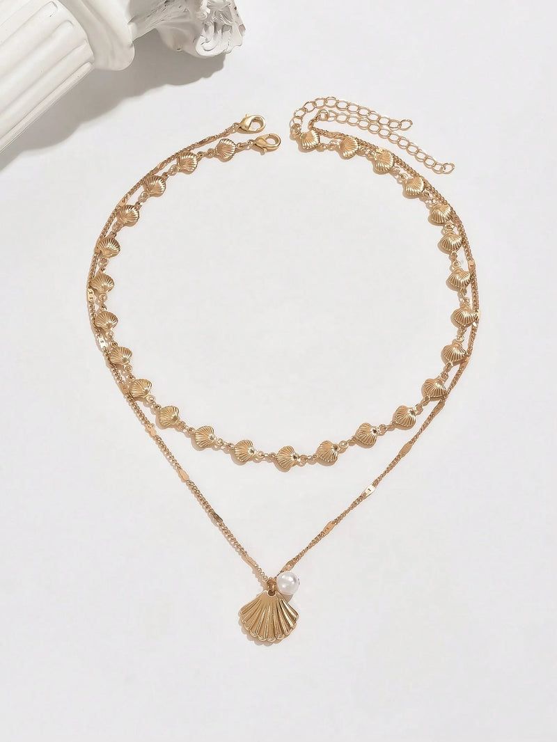 2 Peças/Conjunto Colar Gargantilha Elegante de Verão com Pérolas Falsas, Colar Pendente Irregular de Estrela do Mar de Liga Estilizada com Pérolas Falsas, Joia Feminina para Uso Diário, Viagem, Festival de Música, Festa
