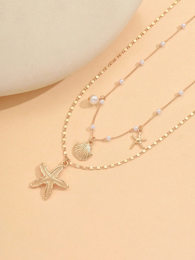 2 Peças/Conjunto Colar Gargantilha Elegante de Verão com Pérolas Falsas, Colar Pendente Irregular de Estrela do Mar de Liga Estilizada com Pérolas Falsas, Joia Feminina para Uso Diário, Viagem, Festival de Música, Festa