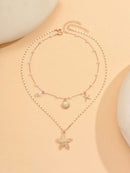 2 Peças/Conjunto Colar Gargantilha Elegante de Verão com Pérolas Falsas, Colar Pendente Irregular de Estrela do Mar de Liga Estilizada com Pérolas Falsas, Joia Feminina para Uso Diário, Viagem, Festival de Música, Festa