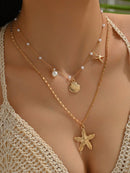 2 Peças/Conjunto Colar Gargantilha Elegante de Verão com Pérolas Falsas, Colar Pendente Irregular de Estrela do Mar de Liga Estilizada com Pérolas Falsas, Joia Feminina para Uso Diário, Viagem, Festival de Música, Festa
