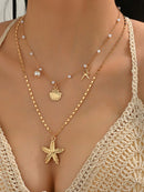 2 Peças/Conjunto Colar Gargantilha Elegante de Verão com Pérolas Falsas, Colar Pendente Irregular de Estrela do Mar de Liga Estilizada com Pérolas Falsas, Joia Feminina para Uso Diário, Viagem, Festival de Música, Festa