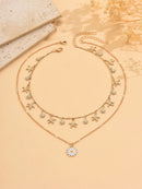 2 Peças/Conjunto Colar Gargantilha Elegante de Verão com Pérolas Falsas, Colar Pendente Irregular de Estrela do Mar de Liga Estilizada com Pérolas Falsas, Joia Feminina para Uso Diário, Viagem, Festival de Música, Festa