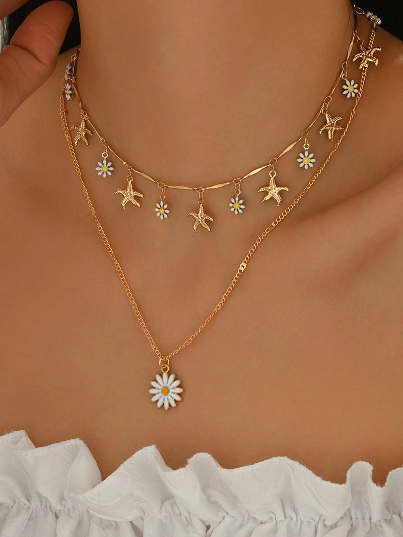 2 Peças/Conjunto Colar Gargantilha Elegante de Verão com Pérolas Falsas, Colar Pendente Irregular de Estrela do Mar de Liga Estilizada com Pérolas Falsas, Joia Feminina para Uso Diário, Viagem, Festival de Música, Festa