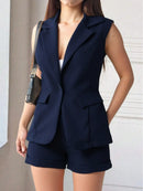 Vendedor IndicadoBeira fashion Conjunto feminina Colete sem manga e Shorts com bolso simples liso Alfaiataria Marrom