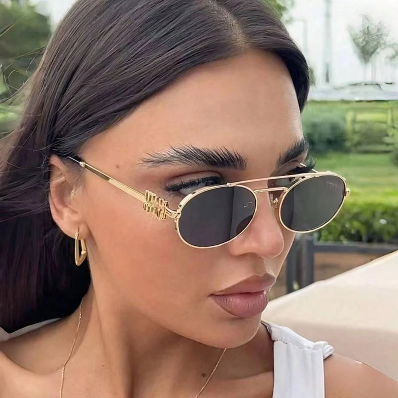 Óculos de sol ovais de viga dupla de metal moda feminina versátil 2025 novos óculos de sol personalizados óculos de sol europeus e americanos hot girl