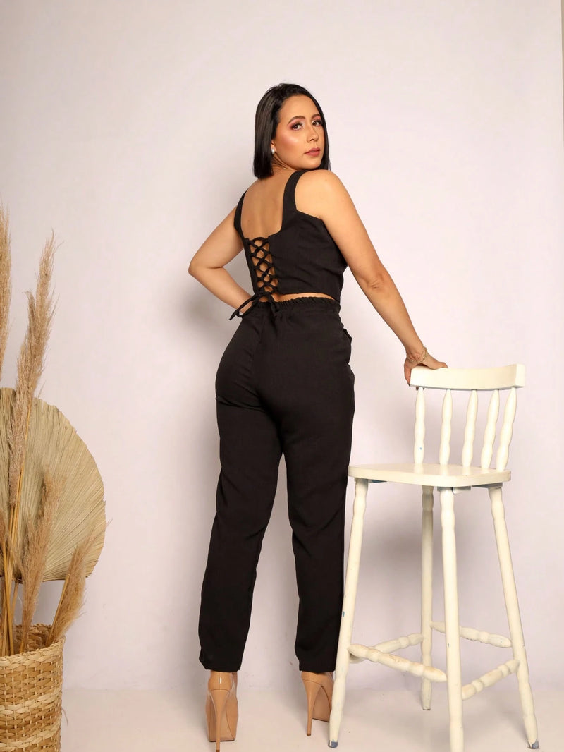 Conjunto Alfaiataria Social Feminino Calça e Cropped Corselet Em Linho Simples Casual elegante Nó Bolso Assimétrico Praia