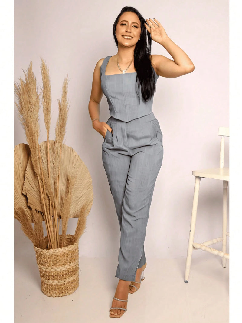 Conjunto Alfaiataria Social Feminino Calça e Cropped Corselet Em Linho Simples Casual elegante Nó Bolso Assimétrico Praia