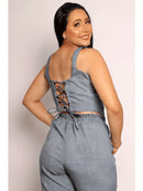 Conjunto Alfaiataria Social Feminino Calça e Cropped Corselet Em Linho Simples Casual elegante Nó Bolso Assimétrico Praia