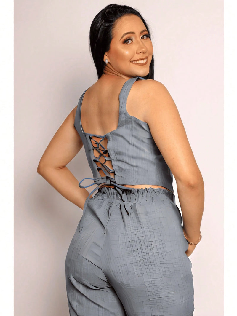 Conjunto Alfaiataria Social Feminino Calça e Cropped Corselet Em Linho Simples Casual elegante Nó Bolso Assimétrico Praia