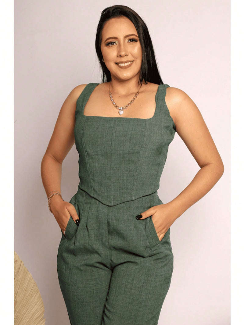 Conjunto Alfaiataria Social Feminino Calça e Cropped Corselet Em Linho Simples Casual elegante Nó Bolso Assimétrico Praia