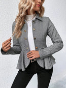 Vendedor Indicado
Casaco Blazer Feminino Curto Alfaiataria Jacquard com Babado e Botões Duplos