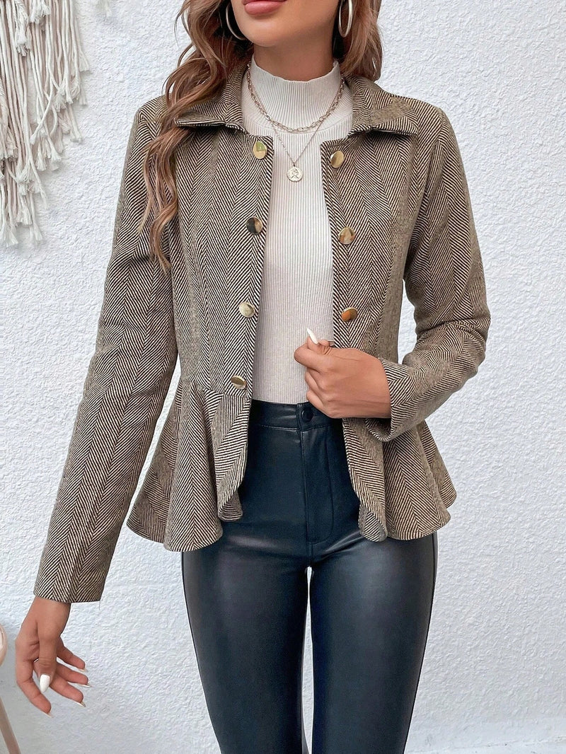 Vendedor Indicado
Casaco Blazer Feminino Curto Alfaiataria Jacquard com Babado e Botões Duplos