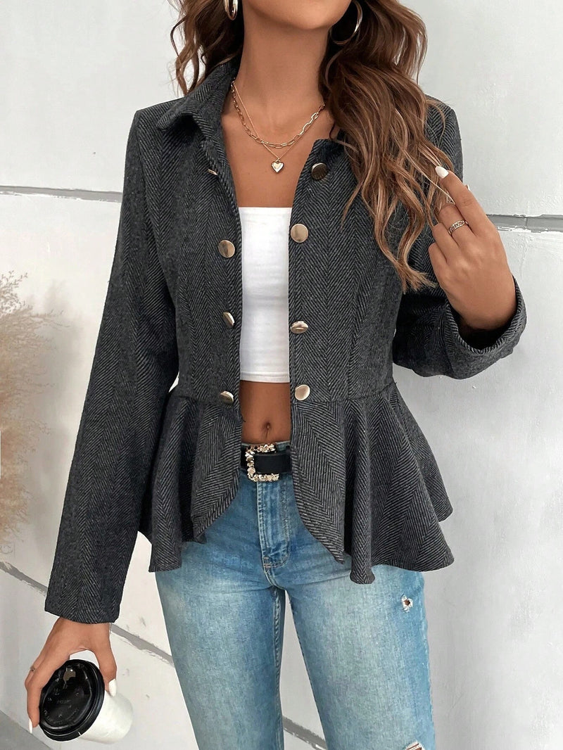 Vendedor Indicado
Casaco Blazer Feminino Curto Alfaiataria Jacquard com Babado e Botões Duplos