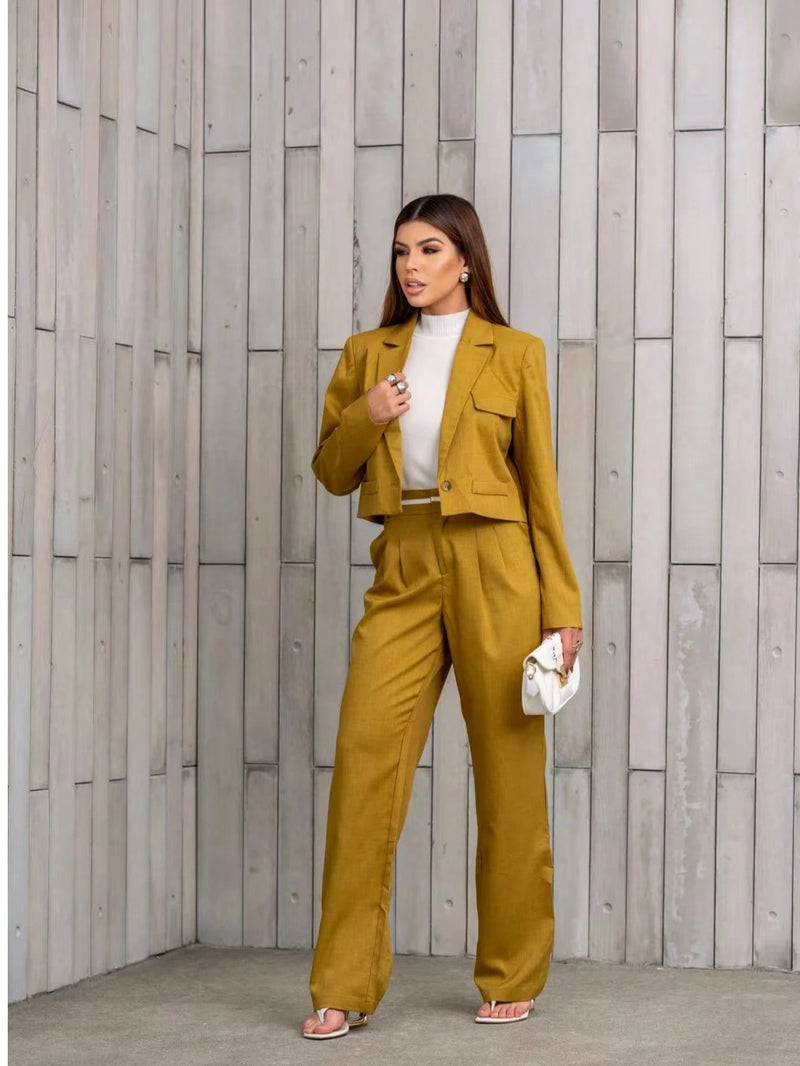 Vendedor Indicado
Conjunto blazer Cropped e calça com bolsos falsos. Forrado. Blazer com fechamento por botões. Calça fechamento por zíper invisível