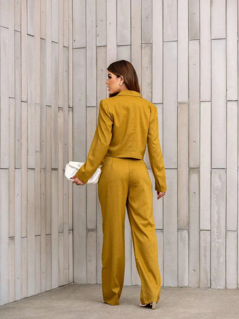 Vendedor Indicado
Conjunto blazer Cropped e calça com bolsos falsos. Forrado. Blazer com fechamento por botões. Calça fechamento por zíper invisível