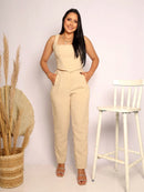 Conjunto Alfaiataria Social Feminino Calça e Cropped Corselet Em Linho Simples Casual elegante Nó Bolso Assimétrico Praia