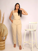 Conjunto Alfaiataria Social Feminino Calça e Cropped Corselet Em Linho Simples Casual elegante Nó Bolso Assimétrico Praia