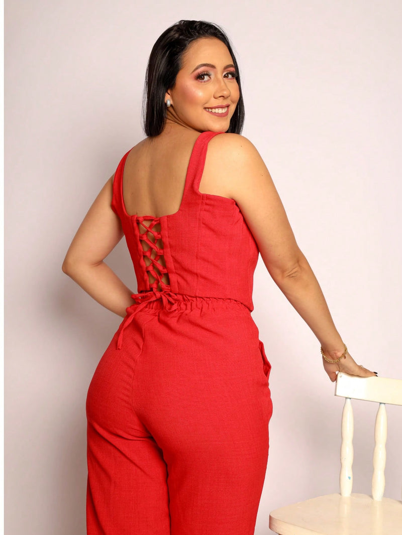 Conjunto Alfaiataria Social Feminino Calça e Cropped Corselet Em Linho Simples Casual elegante Nó Bolso Assimétrico Praia