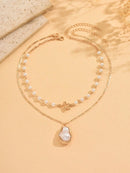 2 Peças/Conjunto Colar Gargantilha Elegante de Verão com Pérolas Falsas, Colar Pendente Irregular de Estrela do Mar de Liga Estilizada com Pérolas Falsas, Joia Feminina para Uso Diário, Viagem, Festival de Música, Festa