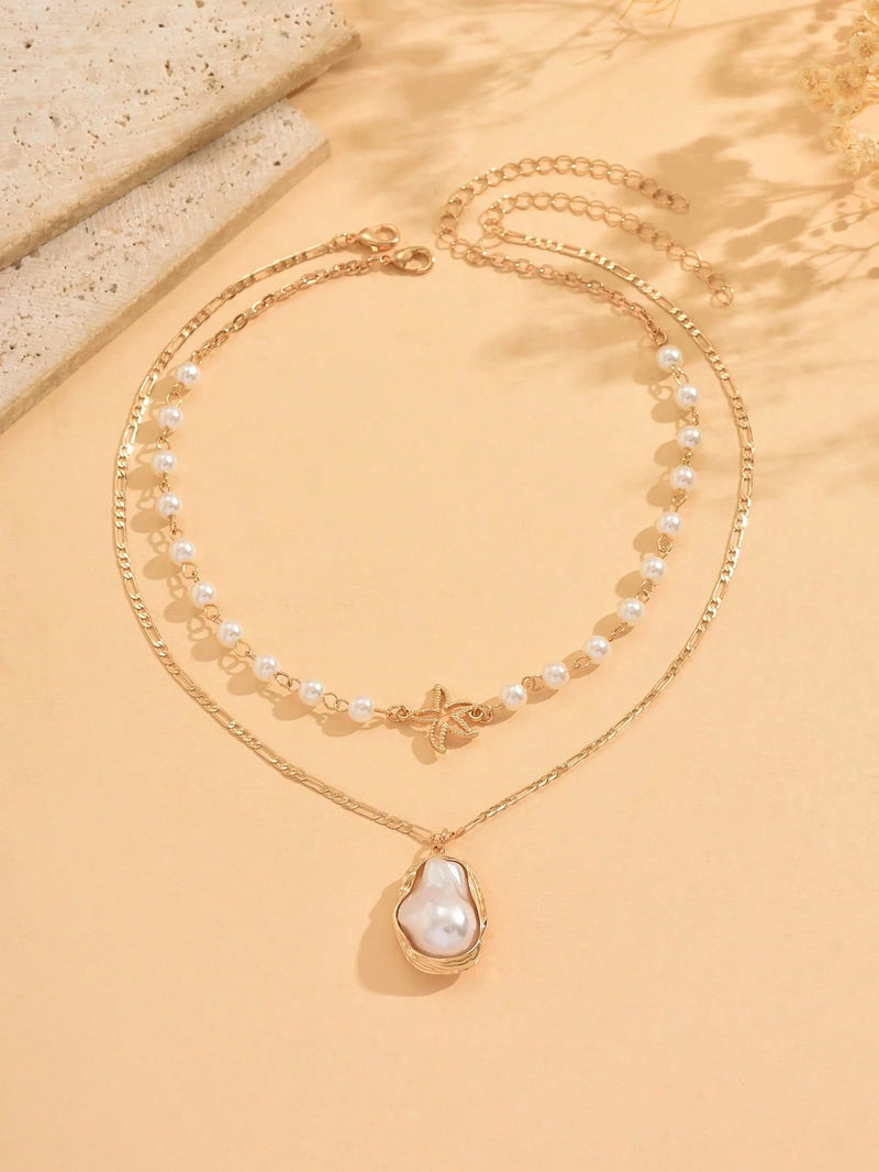 2 Peças/Conjunto Colar Gargantilha Elegante de Verão com Pérolas Falsas, Colar Pendente Irregular de Estrela do Mar de Liga Estilizada com Pérolas Falsas, Joia Feminina para Uso Diário, Viagem, Festival de Música, Festa