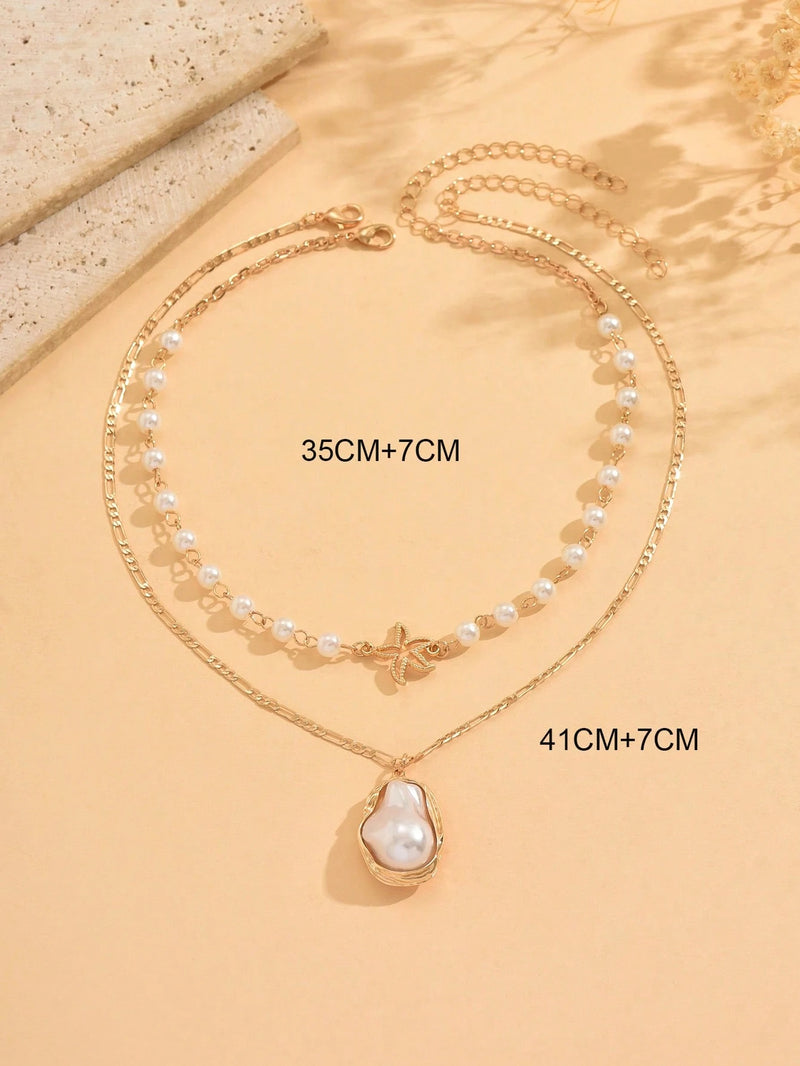 2 Peças/Conjunto Colar Gargantilha Elegante de Verão com Pérolas Falsas, Colar Pendente Irregular de Estrela do Mar de Liga Estilizada com Pérolas Falsas, Joia Feminina para Uso Diário, Viagem, Festival de Música, Festa