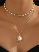 2 Peças/Conjunto Colar Gargantilha Elegante de Verão com Pérolas Falsas, Colar Pendente Irregular de Estrela do Mar de Liga Estilizada com Pérolas Falsas, Joia Feminina para Uso Diário, Viagem, Festival de Música, Festa