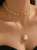 2 Peças/Conjunto Colar Gargantilha Elegante de Verão com Pérolas Falsas, Colar Pendente Irregular de Estrela do Mar de Liga Estilizada com Pérolas Falsas, Joia Feminina para Uso Diário, Viagem, Festival de Música, Festa