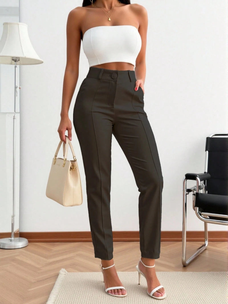 Calça Glam Em Vinco Alfaiataria Feminino Reta Com Bolso